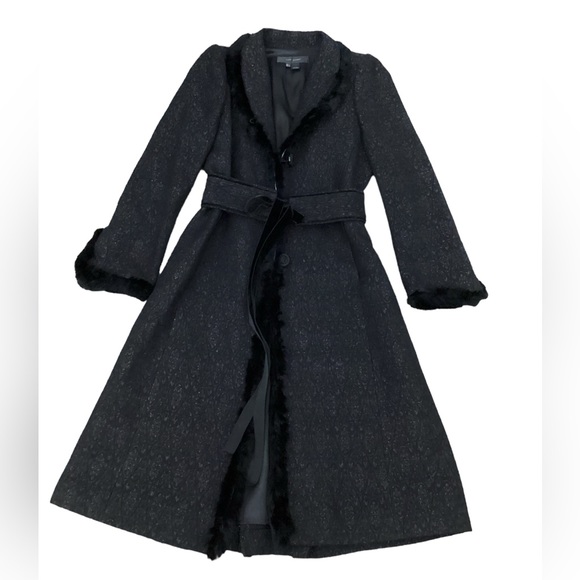 Zara Fur Trim Button Front Belted Long Coat in Black/Silver Metallic Size L - Picture 6 of 16